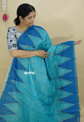 Sky Blue - Silk Linen saree  with Temple Border
